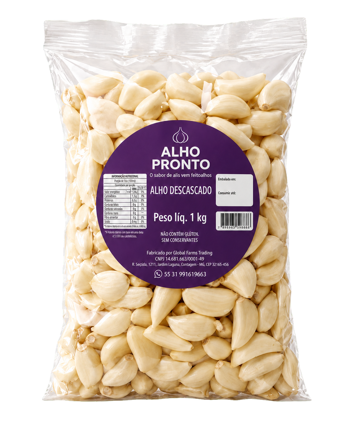Alho descascado — pacote 1 kg
